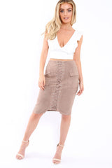 Mocha Lace Up Front Suede Midi Skirt - Cacia