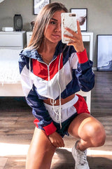 Navy Red Colour Block Hooded Jacket Shorts Tracksuit Co-ord - Jettie