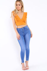 Mustard Plunge Ruffle Crop Top - Sofia