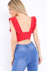 Red Plunge Ruffle Crop Top - Sofia