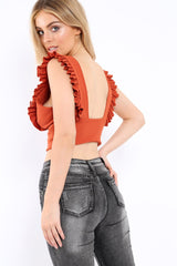 Rust Plunge Ruffle Crop Top - Sofia