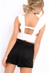 White Plunge Ruffle Crop Top With Cut Out Back - Nia
