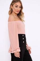 Nude Bardot Frill Flare Sleeve Bodysuit - Sofiya
