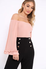 Nude Bardot Frill Flare Sleeve Bodysuit - Sofiya