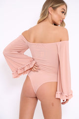 Nude Bardot Frill Flare Sleeve Bodysuit - Sofiya