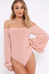 Nude Bardot Frill Flare Sleeve Bodysuit - Sofiya