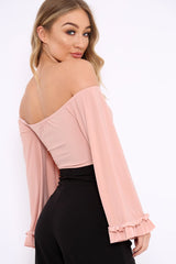 Nude Bardot Frill Flare Sleeve Bodysuit - Sofiya