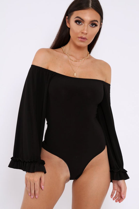 Black Bardot Frill Flare Sleeve Bodysuit - Sofiya