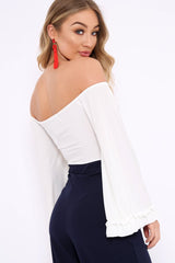 White Bardot Frill Flare Sleeve Bodysuit - Sofiya