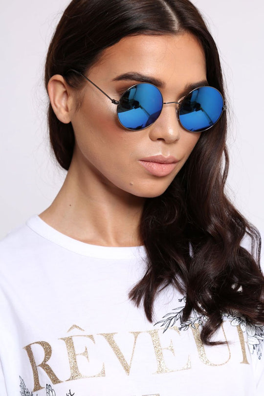 Blue Tinted Lens 90's Round Metal Sunglasses - Solstice