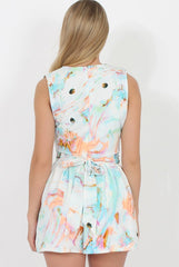 Turquoise Low Cut Tie Waist Playsuit - Sommer