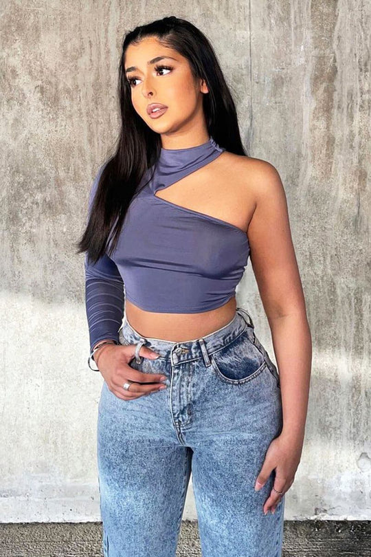 Grey Slinky One Sleeve Crop Top - Katara