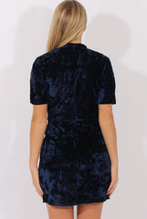 Navy Crushed Velvet Choker Plunge Dress - Sonia