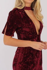 Wine Crushed Velvet Choker Plunge Dress - Sonia