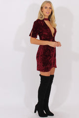 Wine Crushed Velvet Choker Plunge Dress - Sonia