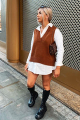 Camel Shirt Insert Knit Vest Top - Caris