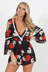 Navy Floral Cold Shoulder Playsuit - Sophia