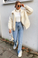 Cream Collar Zip Front Borg Teddy Jacket - Kaleah