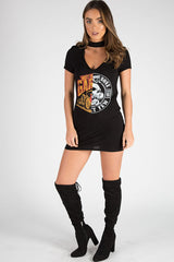 Black Choker Neck Cut Out Slogan T-Shirt Dress - Sophie