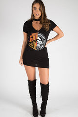Black Choker Neck Cut Out Slogan T-Shirt Dress - Sophie