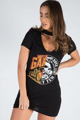 Black Choker Neck Cut Out Slogan T-Shirt Dress - Sophie