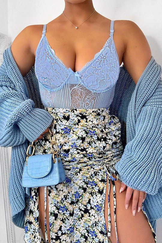 Light Blue Lace Corset Cup Bodysuit - Layne