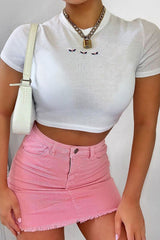 White Butterfly Ribbed Cropped T-shirt - Flissy