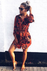Rust Floral Satin Shirt Tie Dress - Sophina