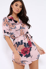Rose Floral Satin Shirt Tie Dress - Sophina