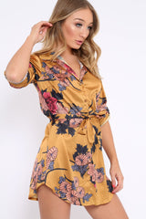 Mustard Floral Satin Shirt Tie Dress - Sophina