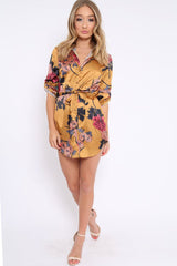 Mustard Floral Satin Shirt Tie Dress - Sophina