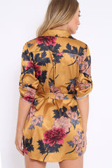 Mustard Floral Satin Shirt Tie Dress - Sophina