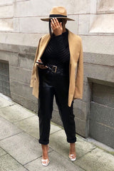 Black Faux Leather Belted Straight Leg Trousers - Jamese