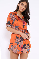 Rust Floral Satin Shirt Tie Dress - Sophina