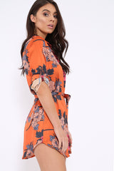 Rust Floral Satin Shirt Tie Dress - Sophina