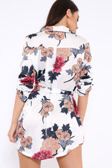 White Floral Satin Shirt Tie Dress - Sophina
