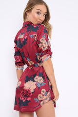 Wine Floral Satin Shirt Tie Dress - Sophina