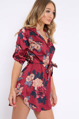 Wine Floral Satin Shirt Tie Dress - Sophina