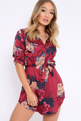 Wine Floral Satin Shirt Tie Dress - Sophina