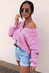 Pink Chunky Knit Button Up Crop Cardigan - Elly