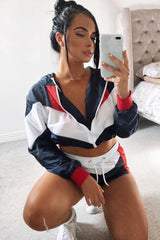 Navy Red Colour Block Hooded Jacket Shorts Tracksuit Co-ord - Jettie