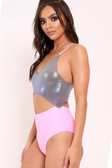 South Beach Iridescent Metallic and Pink Cut Out Swimsuit