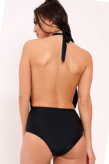 South Beach Black and Teal Sequined Plunge Swimsuit