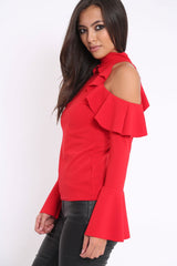 Red High Neck Cold Shouldered Frill Top - Stace