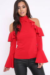 Red High Neck Cold Shouldered Frill Top - Stace