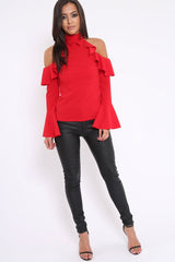 Red High Neck Cold Shouldered Frill Top - Stace