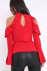Red High Neck Cold Shouldered Frill Top - Stace