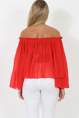 Red Pleated Three Quarter Bell Sleeve Crop - Stacey