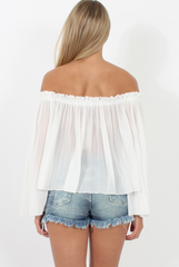 White Pleated Three Quarter Bell Sleeve Crop - Stacey