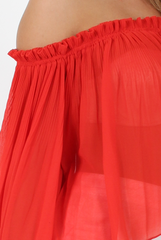 Red Pleated Three Quarter Bell Sleeve Crop - Stacey